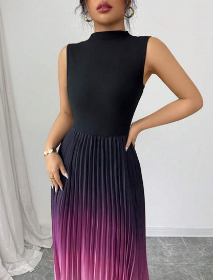 Shein Elenzga Elegent Casual Sleeveless Black Patchwork Ombre Pleated Dress