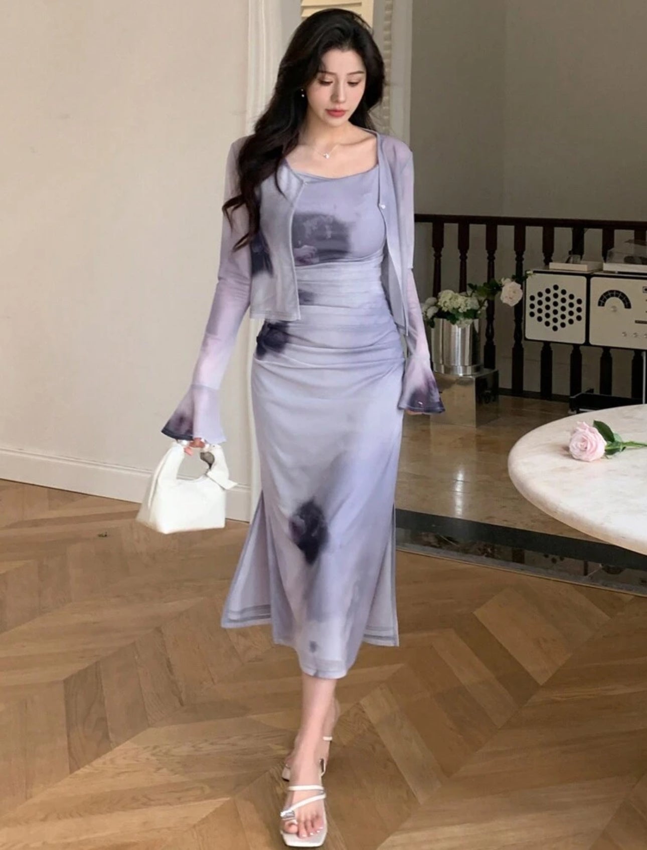 SHEIN Grey Printed Strap Dress and Jacket