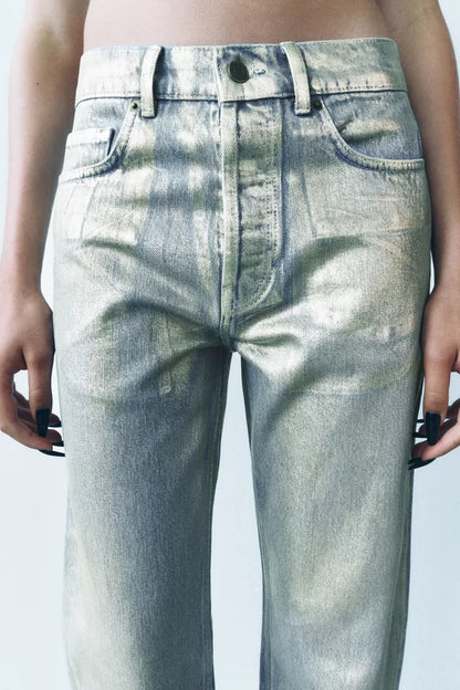 ZARA ZW Collection Relaxed Fit Mid Rise Foil Jeans -Gold