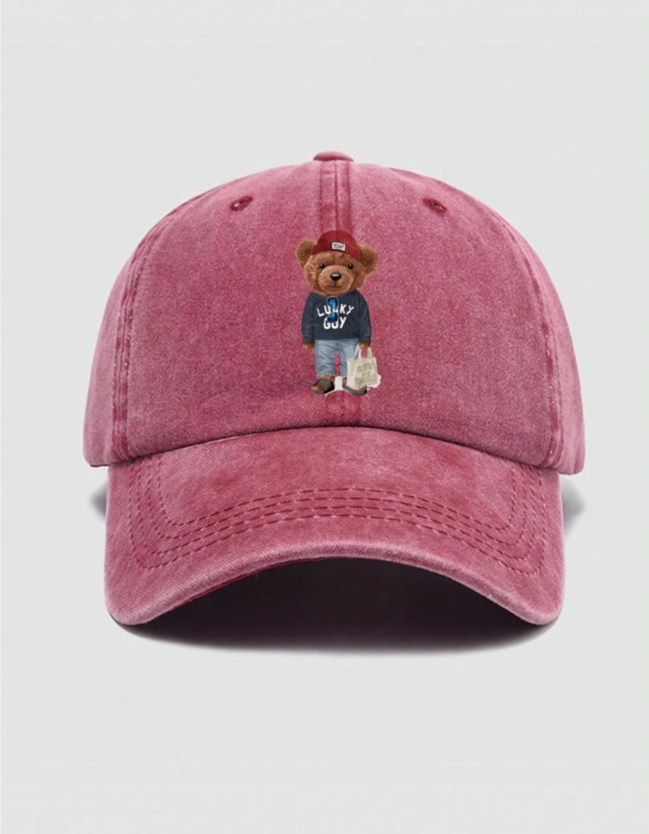 Shein Cute Cartoon Bear Dad Hat With Letter Casual Baseball Cap (Burgundy)