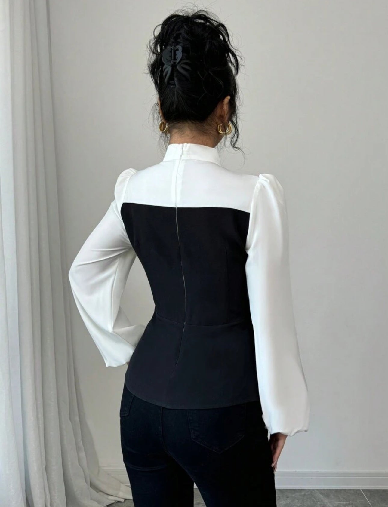 Shein Elenzga Contrast Color Standing Collar  fitted Women Shirt