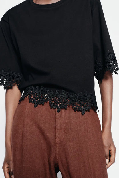 ZARA Lace Cotton T Shirt -Black