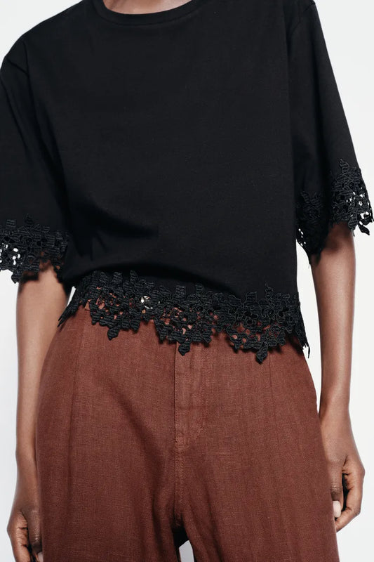 ZARA Lace Cotton T Shirt -Black