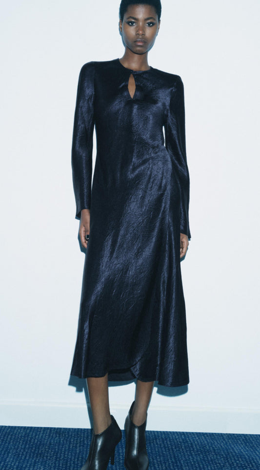 ZARA ZW Collection Satin Dress With Slit- Blue