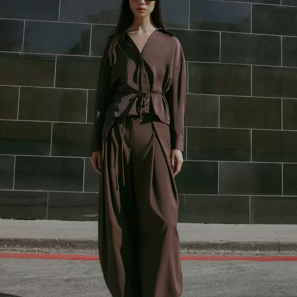 Zara Satin Blouse With Belt- Chocolate