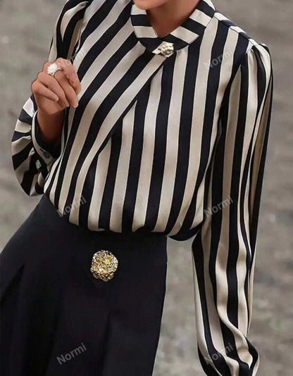 SHEIN  Striped Print Mock Neck Blouse Long Sleeve Top