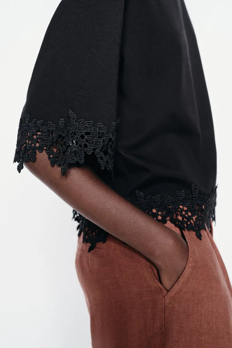 ZARA Lace Cotton T Shirt -Black