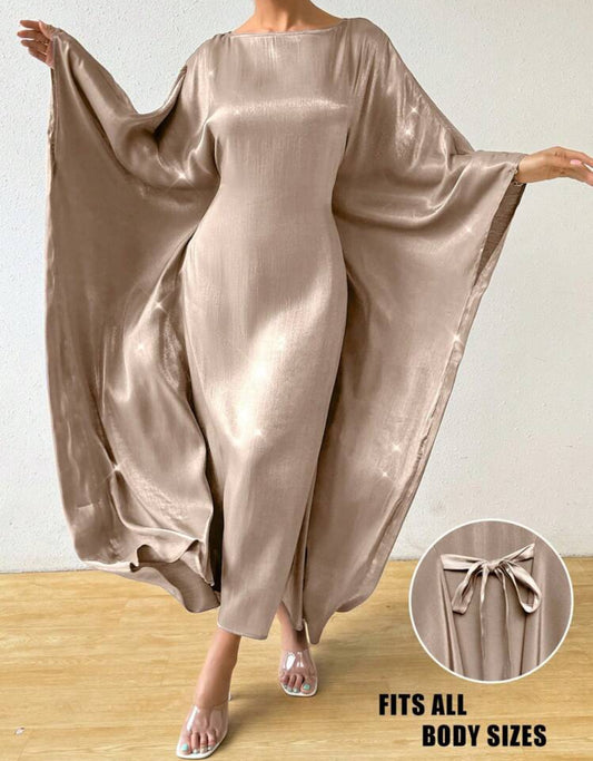 Shein Raffnea Women Round Neck Batwing Sleeve Solid Color Loose Champagne- One Size
