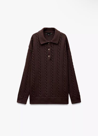 ZARA able Knit Polo Shirt-Brown