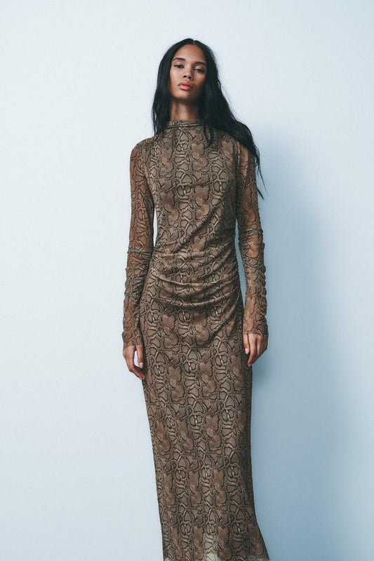 ZARA Draped Tulle Dress -Snake/Tan