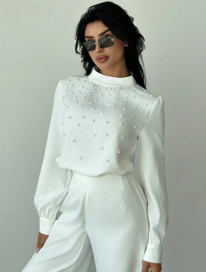 SHEIN Firerie Women Elegent Romantic Pearl Décor Ruched Long Sleeve