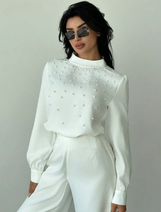 SHEIN Firerie Women Elegent Romantic Pearl Décor Ruched Long Sleeve