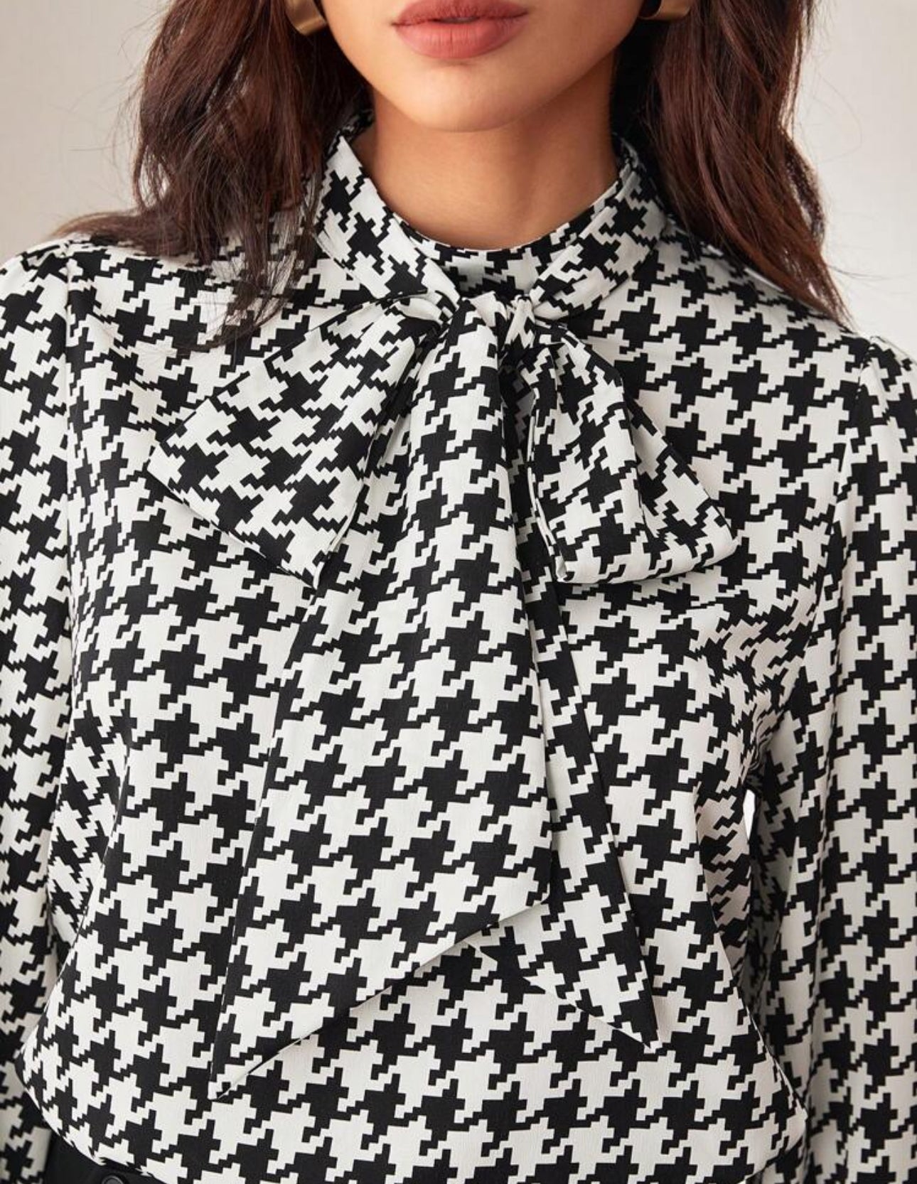 Shein Bizchic Women Black & White Houndstooth Print Bow Tie Shirt