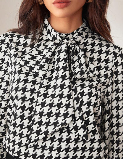 Shein Bizchic Women Black & White Houndstooth Print Bow Tie Shirt