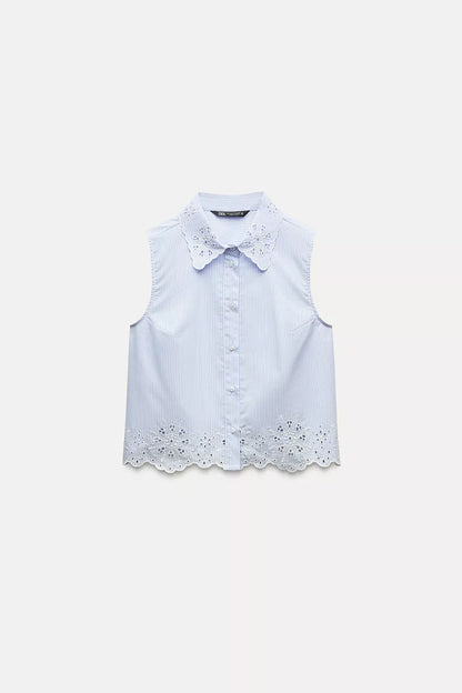 ZARA Short Shirt With CutWork Embroidery - Blue/White