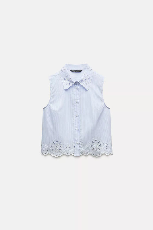 ZARA Short Shirt With CutWork Embroidery - Blue/White