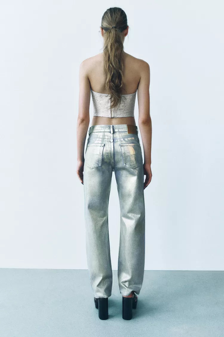 ZARA ZW Collection Relaxed Fit Mid Rise Foil Jeans -Gold