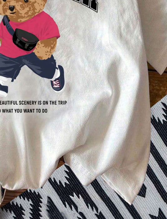 Shein Ez Wear Casual Minimalist Bear Print Round Neck T shirt (White)