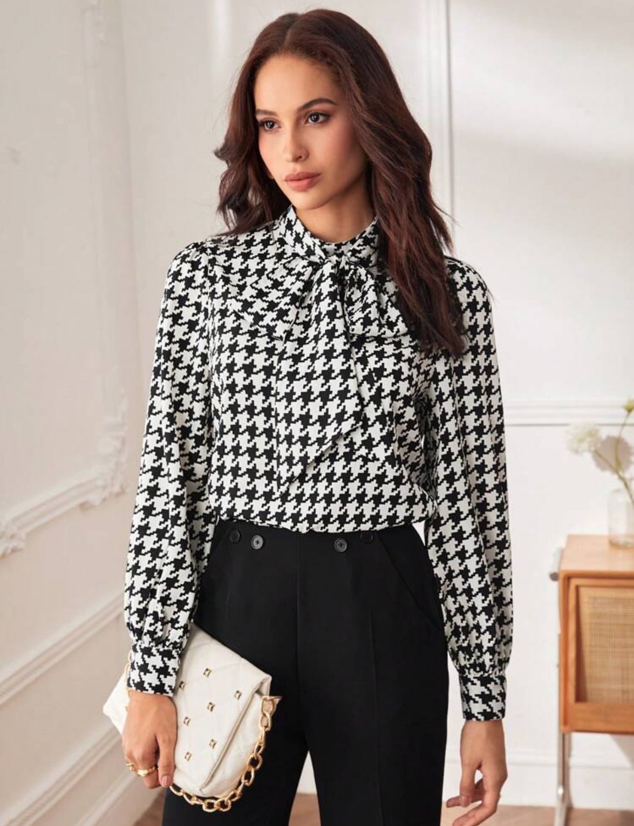 Shein Bizchic Women Black & White Houndstooth Print Bow Tie Shirt