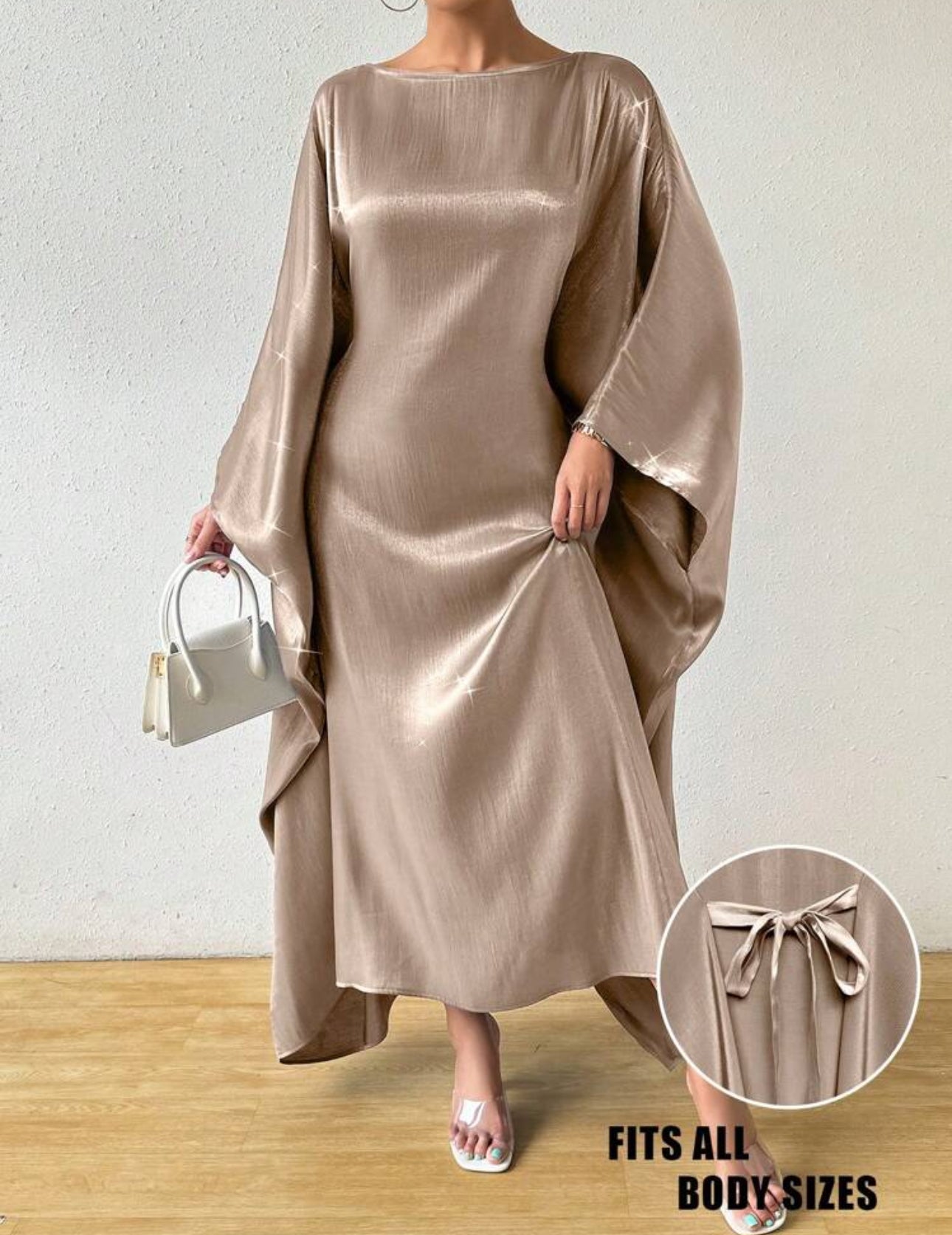 Shein Raffnea Women Round Neck Batwing Sleeve Solid Color Loose Champagne- One Size