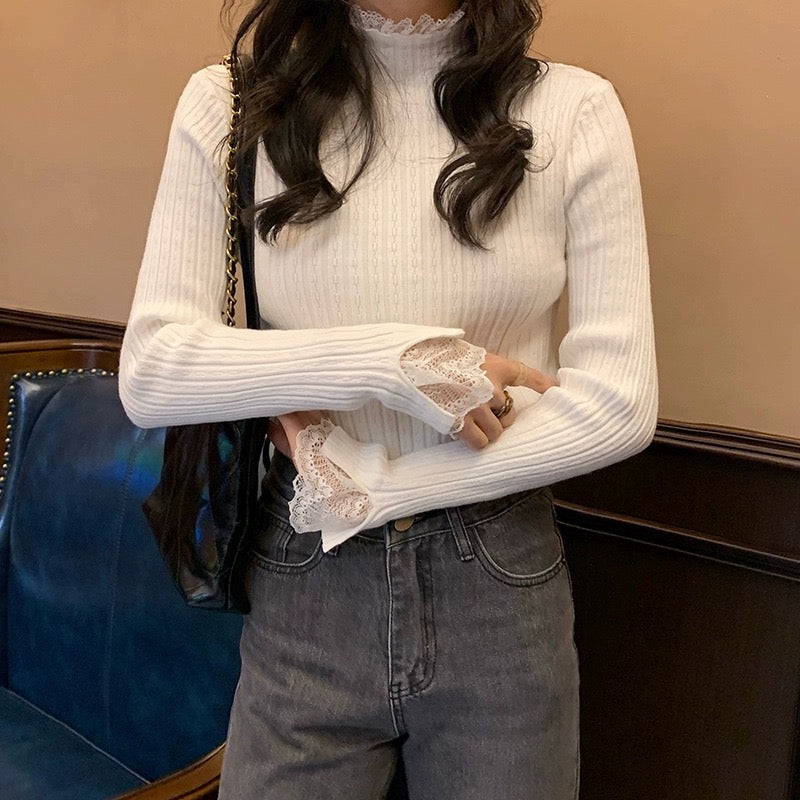 SHEIN Dazy Korean Style Lace Long Sleeve Casual Sweater (WHITE)