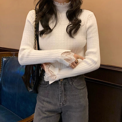 SHEIN Dazy Korean Style Lace Long Sleeve Casual Sweater (WHITE)