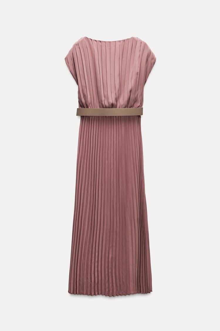 ZARA Pleated Dress With Belt - Marsala