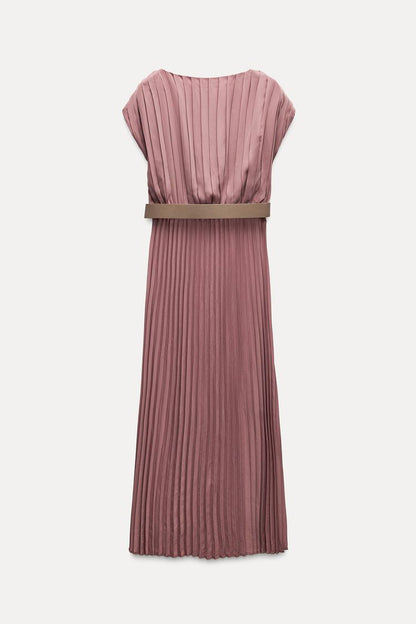 ZARA Pleated Dress With Belt - Marsala