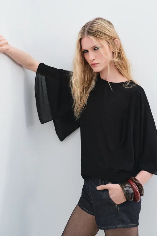 ZARA ZW Collection Flowing Cape Blouse -Black
