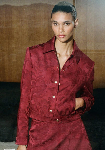 ZARA Jacquard Bomber Jacket-Burgundy