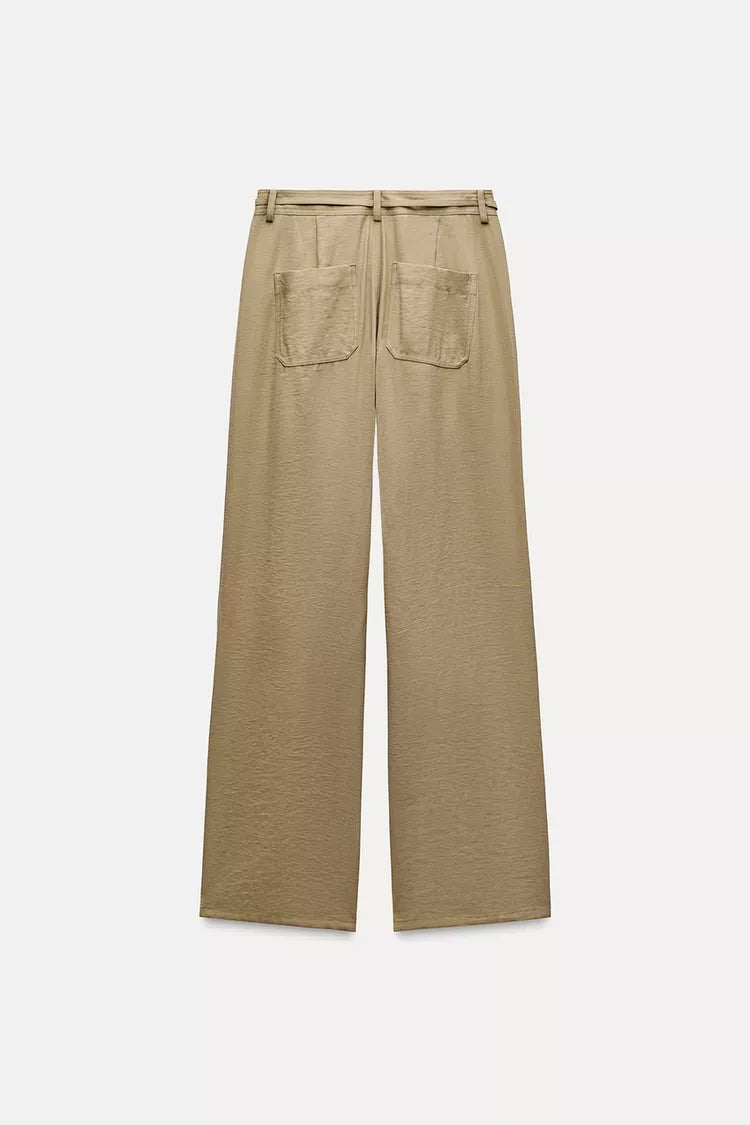 ZARA Wide Leg Trouser With Bow Belt -Dark Camel