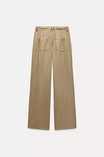 ZARA Wide Leg Trouser With Bow Belt -Dark Camel