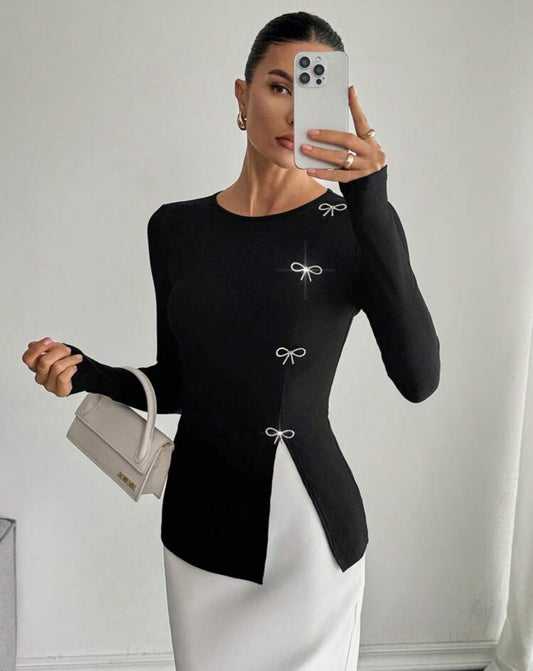 Shein Esscne Shiny Rhinestone Bow Decor Shirt
