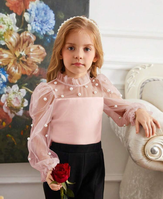 SHEIN Girls Pearl Décor Sheer Sleeve Stand collar Casual Blouse