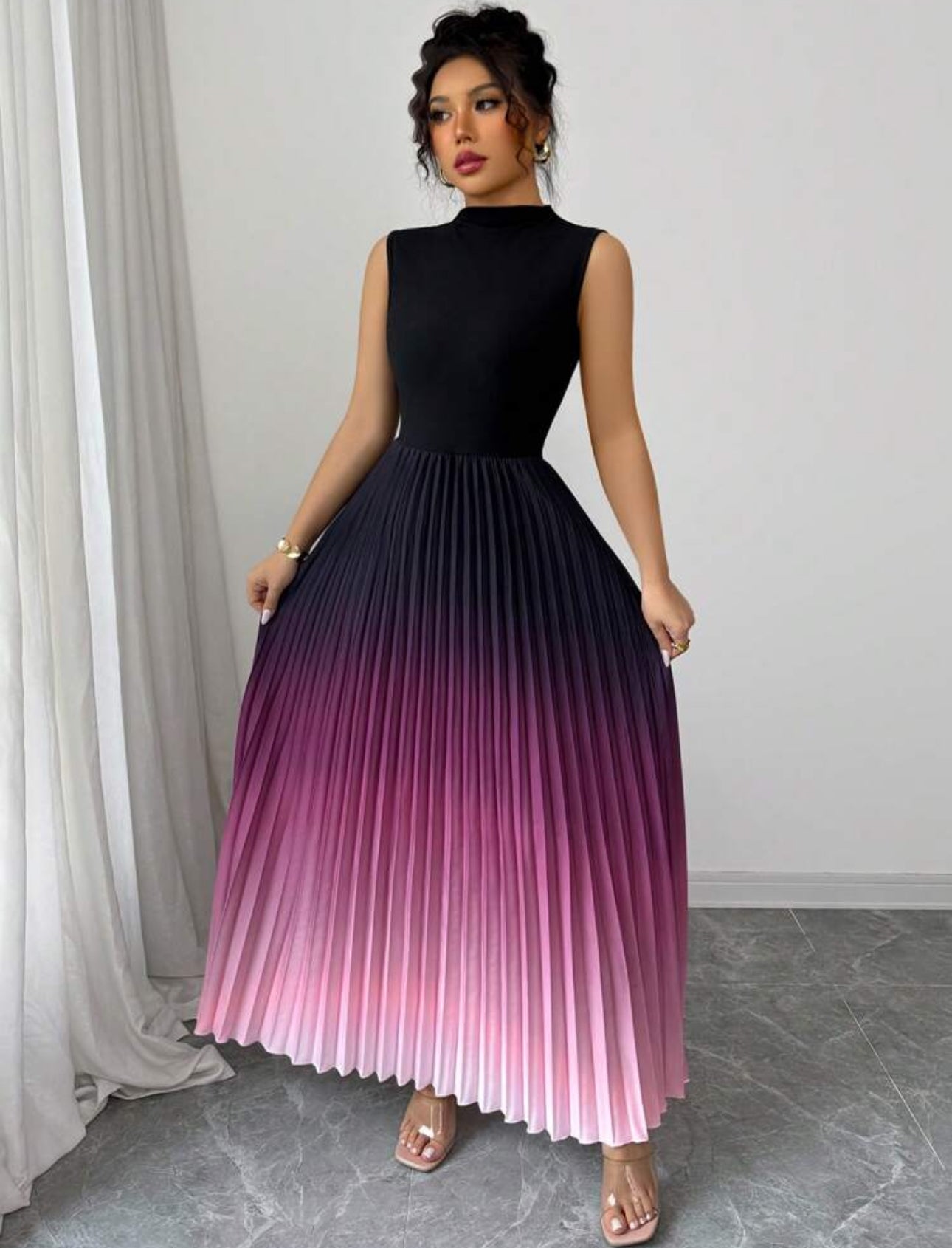 Shein Elenzga Elegent Casual Sleeveless Black Patchwork Ombre Pleated Dress