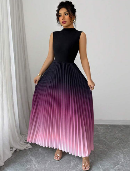 Shein Elenzga Elegent Casual Sleeveless Black Patchwork Ombre Pleated Dress