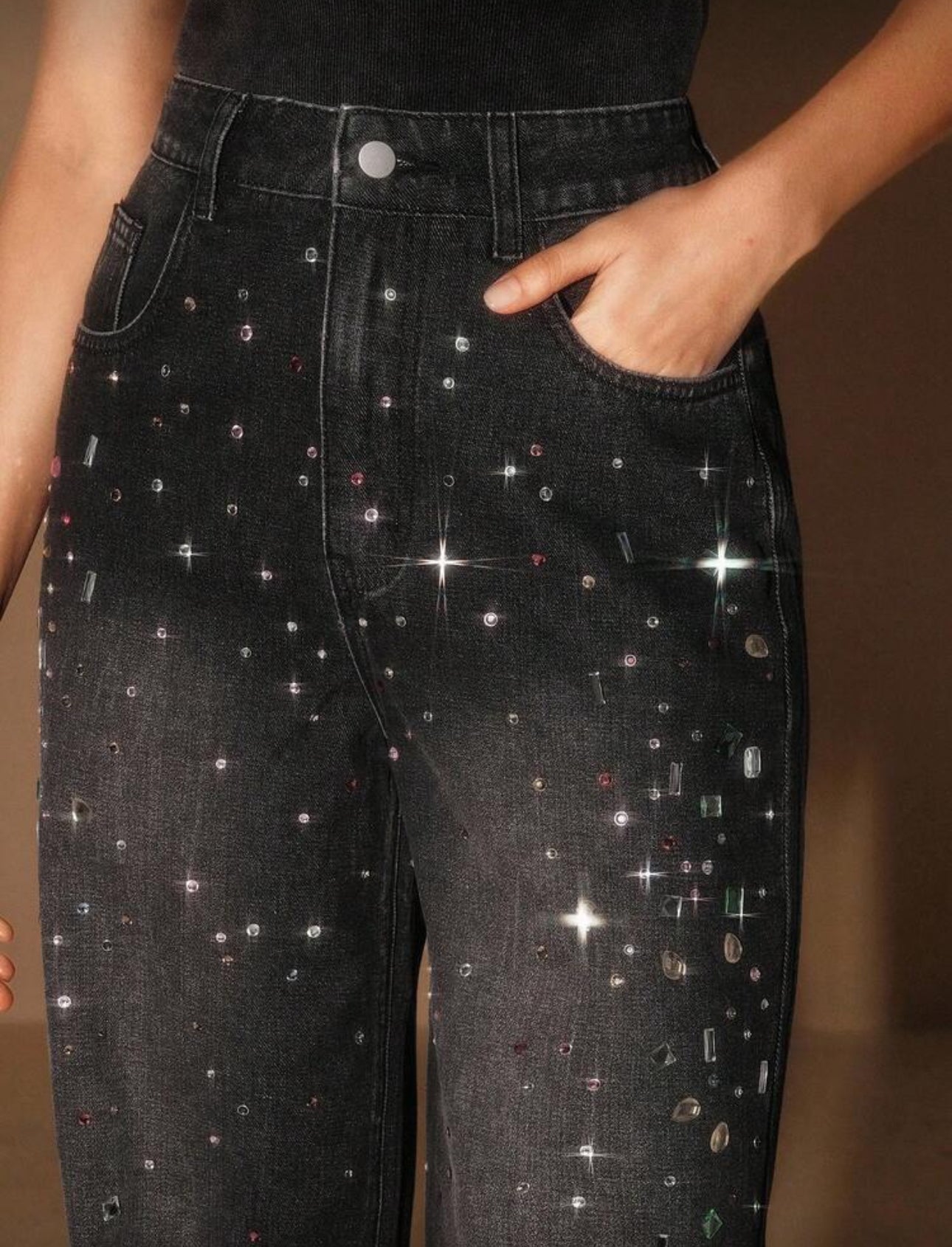 SHEIN Rhinestone Black Straight Leg Jeans