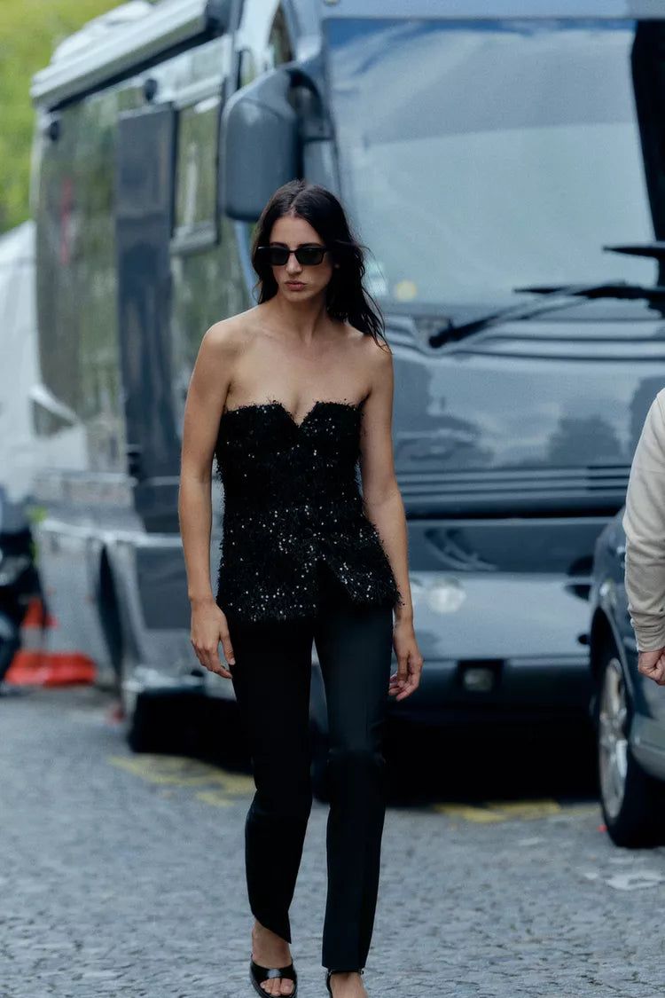 ZARA Fringed Sequin Buster Top -Black
