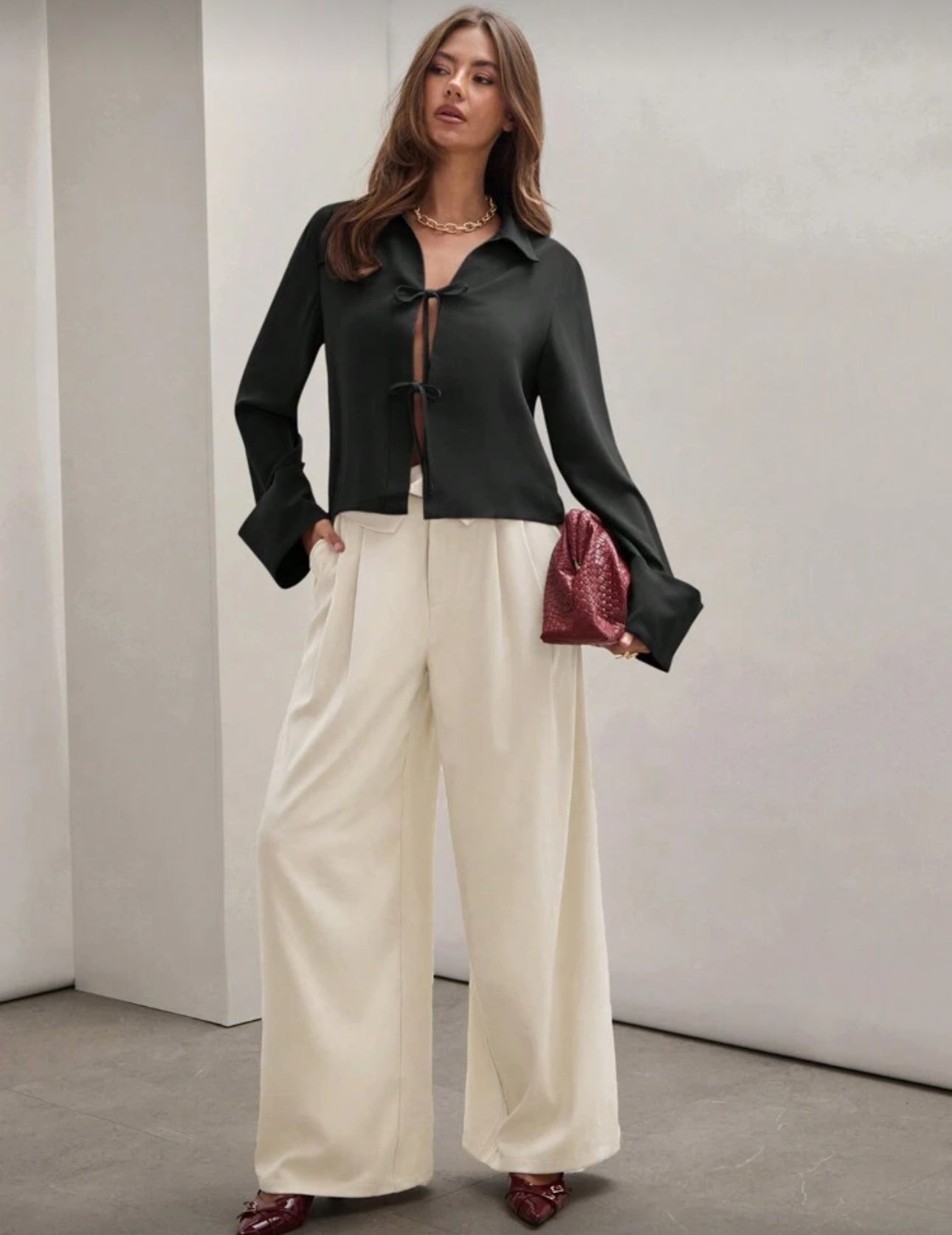 Shein Plian Front Tie Long Sleeve Shirt