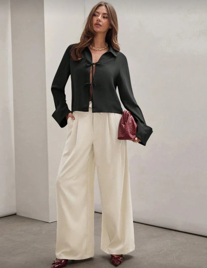 Shein Plian Front Tie Long Sleeve Shirt