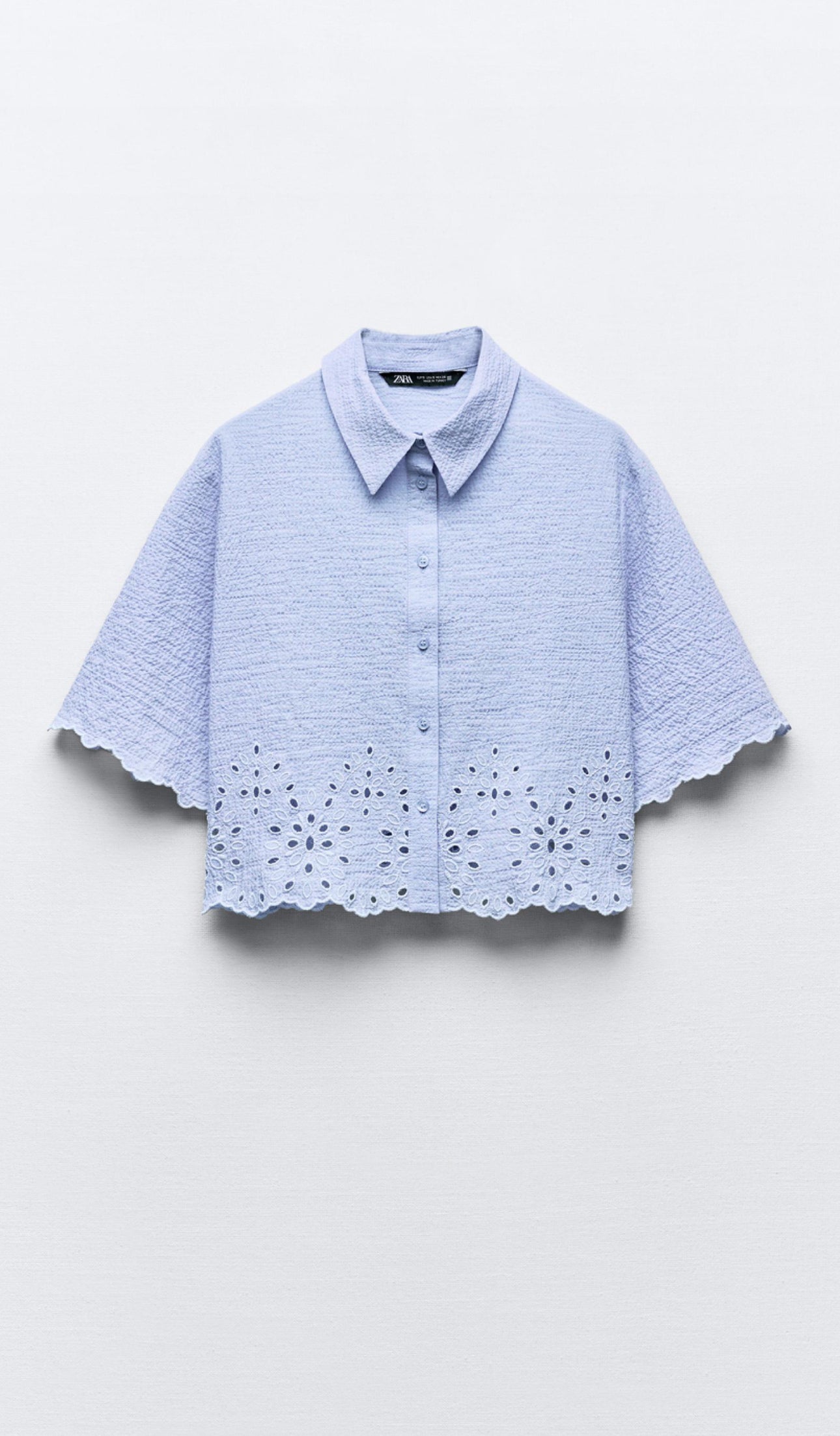 ZARA Cropped Shirt With Cutwork Embroidery - Sky Blue