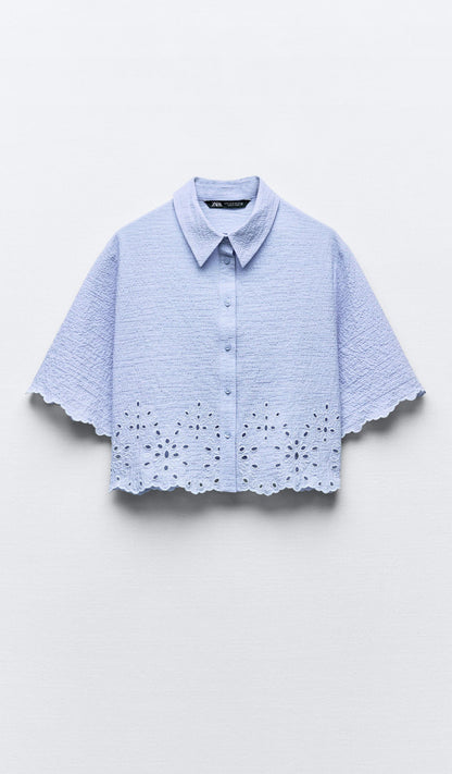 ZARA Cropped Shirt With Cutwork Embroidery - Sky Blue
