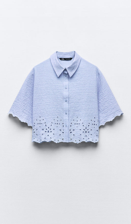 ZARA Cropped Shirt With Cutwork Embroidery - Sky Blue