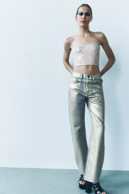 ZARA ZW Collection Relaxed Fit Mid Rise Foil Jeans -Gold