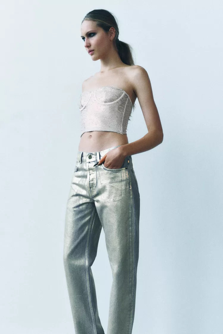 ZARA ZW Collection Relaxed Fit Mid Rise Foil Jeans -Gold