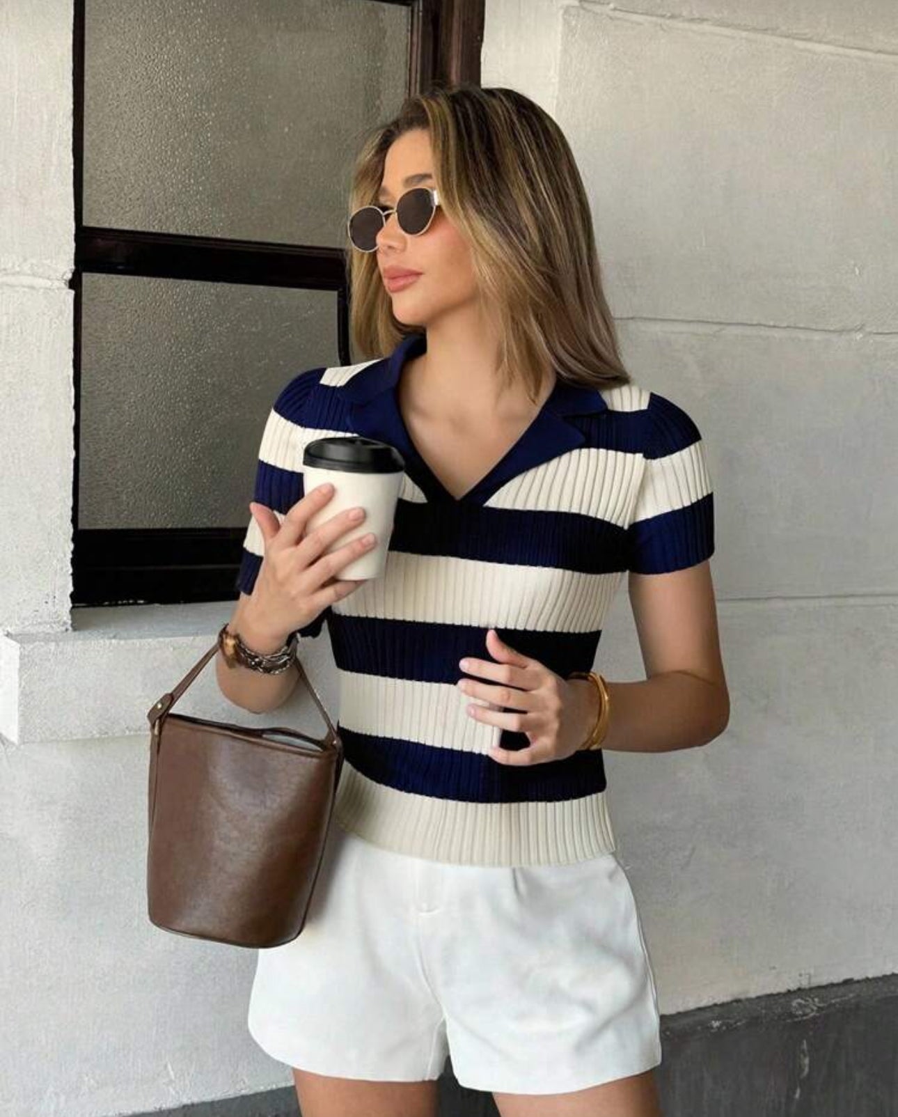 Shein colorBlock Stripped Polo Collar Knit Top Royal Blue