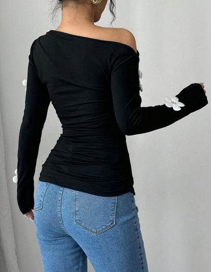 Shein Raffinea Womens Fashion Floral Print One Shoulder Long Sleeve Shirt