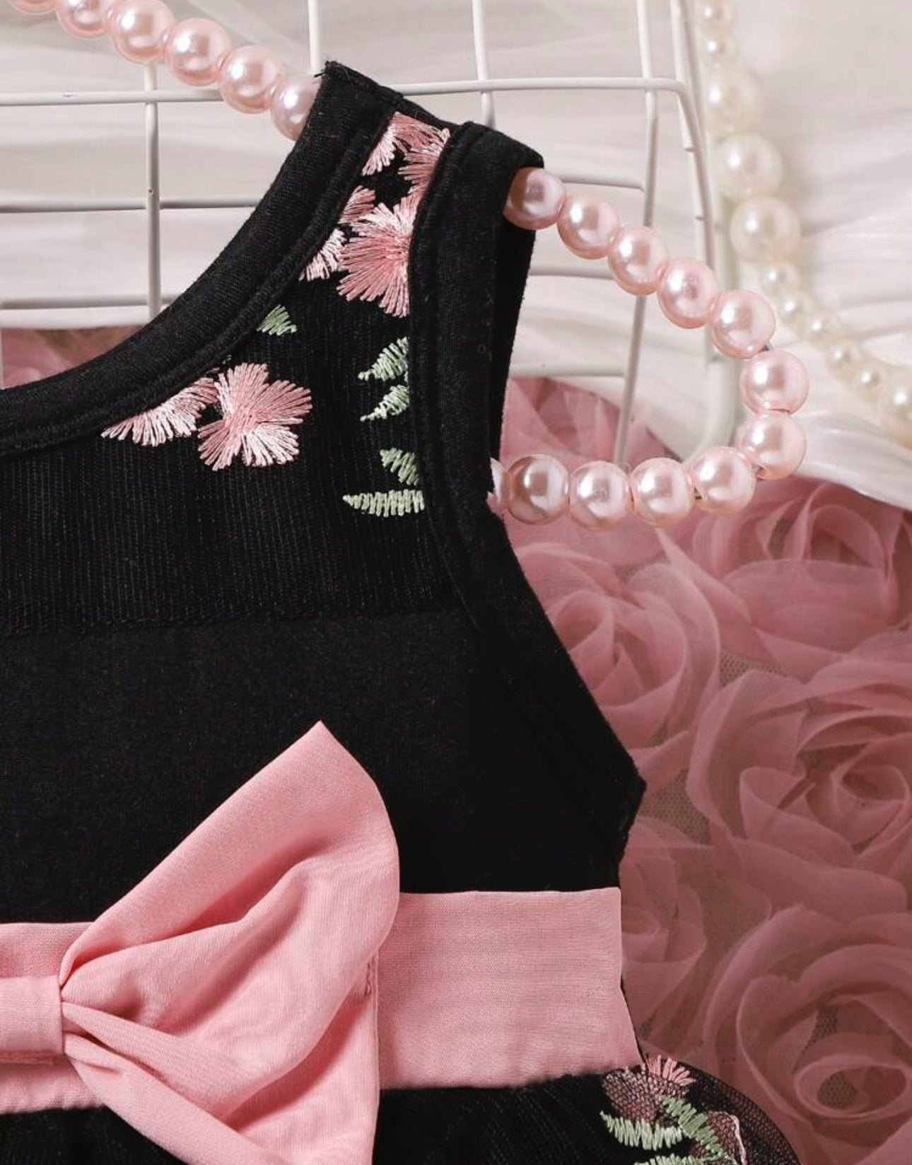 SHEIN Baby Girls Floral Embroidery Mesh Ovelay Bow Front Dress