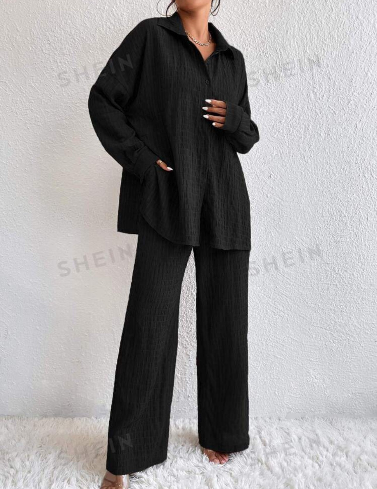 SHEIN Prive Solid Drop Shoulder Wide Leg Co-ord Set