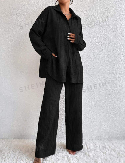 SHEIN Prive Solid Drop Shoulder Wide Leg Co-ord Set